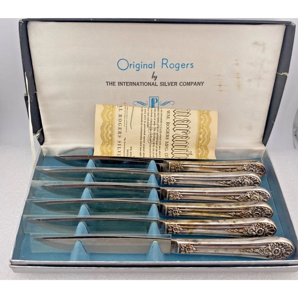 Original Rogers International Silver Co Knives Set 6pc Box Silverplate Stainless